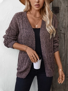 Women's casual knit cardigan in purple-grey with cable-knit design and side pockets