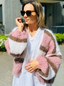Women's oversized mohair cardigan with pink and brown color block stripes and lantern sleeves
