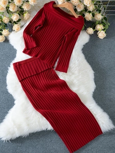 Detailed knit texture of burgundy off-shoulder sweater and high-waist skirt set