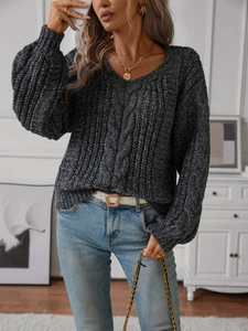 Damen V-Ausschnitt Zopfstrickpullover in Dunkelgrau mit Laternenärmeln und lockerer Passform
