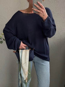 Maglione da donna in maglia blu navy con girocollo e vestibilità ampia e casual