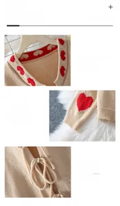 Detail shots of V-neckline and ribbed cuffs with red heart jacquard on beige cardigan