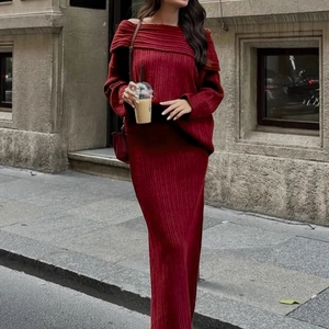 Women Elegant Two Piece Knit Set Solid Color Off Shoulder Long Sleeve Sweater And Ribbed Maxi Skirt Set Autumn Winter