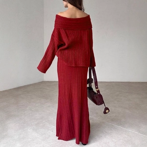 Elegant wine red knit set with off-shoulder sweater and ribbed maxi skirt for women