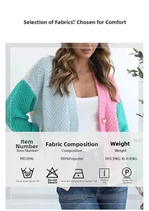 Detail view of colorful patchwork cardigan texture with 100% polyester fabric material