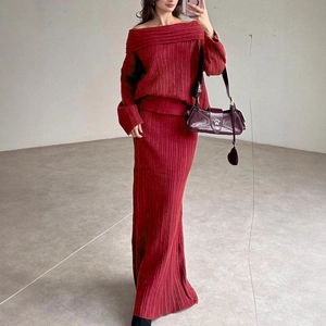 Elegant red off-shoulder knit sweater and high-waist skirt two-piece set for women