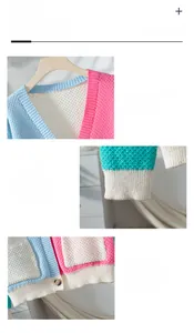 Detail of color block knit cardigan showing V-neckline, ribbed cuffs and wooden buttons
