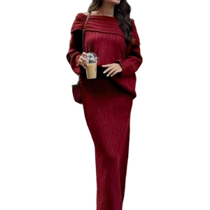 Elegant burgundy off-shoulder knit sweater and slim pencil skirt set for women