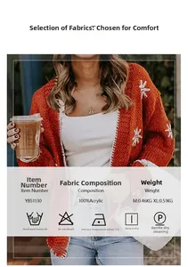 Detail view of red floral knit cardigan showing 100% acrylic fabric and weight specs