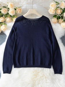 Dettaglio di maglione girocollo blu scuro con polsini a costine e maglia fine