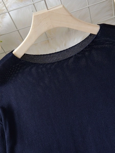 Dettaglio dello scollo e della spalla di un maglione blu scuro su gruccia