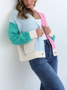Relaxed color-block chunky knit cardigan with long sleeves and colorful patchwork design
