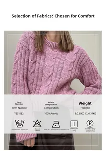 Pink chunky cable knit sweater detail showing 100% acrylic material and texture labels