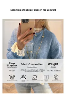 Detail view of blue knit cardigan featuring delicate white lace cuffs and premium mixed fabric