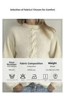 Detail of white cable knit pattern on sweater with acrylic fabric material info