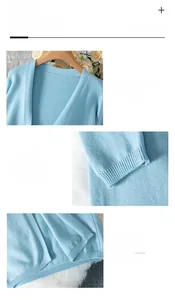Détails du cardigan bleu clair montrant le col en V, les poignets côtelés et le tissu doux