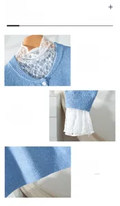 Detail of elegant lace collar and ribbed cuffs on light blue knit cardigan jacket