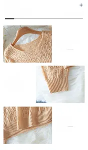 Vues détaillées du pull en maille beige avec motifs ajourés et poignets à bords-côtes
