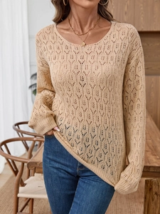 Chandail pour Femmes Élégant Ajouré au Crochet Tricoté Col Rond Manches Longues Décontracté Haut en Tricot Acrylique Kaki
