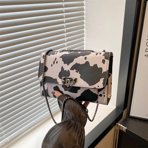 Women Trendy PU Leather Animal Print Shoulder Bag Leopard Cow Pattern Crossbody Small Square Bag Chain Strap Flap Handbag