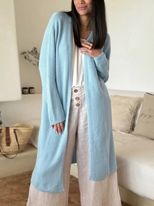 Gilet long femme bleu clair, col en V, coupe ample et décontractée pour l'automne-hiver