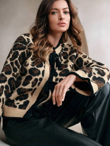 Femmes Gilet en Maille Imprimé Léopard Élégant avec Nœud Papillon Manches Longues Pull Décontracté Manteau Khaki