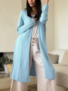 Gilet long femme col en V bleu clair, style décontracté et ample pour l'automne et l'hiver