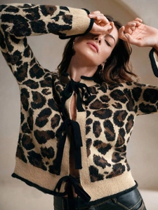 Cardigan chic à imprimé léopard avec nœuds en ruban pour un style d'automne décontracté