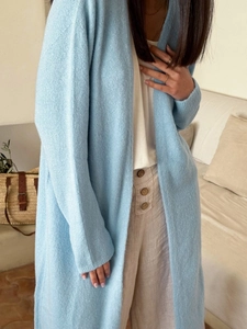 Cardigan long bleu clair pour femme avec col en V et coupe décontractée pour l'automne