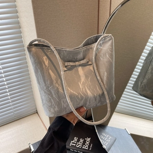 Borsa a Spalla da Donna in Pelle PU con Trama a Pieghe e Fiocco Minimalista Estiva Borsa Sottobraccio a Secchiello per Pendolarismo Quotidiano