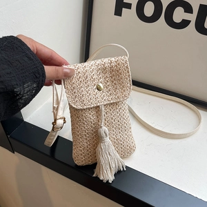 Vintage Woven Straw Cell Phone Bag For Women Summer Beach Crossbody Shoulder Bag With Tassel Flip Cover Small Purse