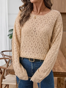Pull chic beige en maille ajourée avec motifs de feuilles et coupe décontractée