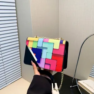 Women Geometric Color Block Crossbody Bag PU Leather Small Square Shoulder Bag With Chain Strap Fashion Patchwork Purse