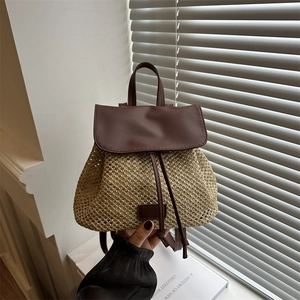 Women Woven Straw Backpack Summer Vacation Bag PU Leather Drawstring Flap Commuter Casual Handbag Fashion Rucksack