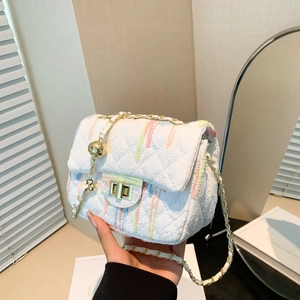 Women Fashion Canvas Quilted Shoulder Bag Colorful Embroidery Chain Crossbody Bag Rhombus Grid Elegant Square Handbag