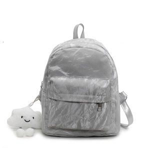 Minimalist silver-grey waterproof backpack with metallic crinkle fabric and cloud charm
