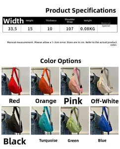 Detailed chart showing lightweight sling bag dimensions and 8 available color options