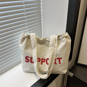 SUPPORT Letter Print Canvas Tote Bag For Women Large Capacity Drawstring Shoulder Bag Casual Street Style Shopping Bag