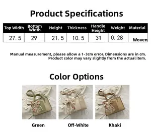 Detailed size specifications for woven tote bag with floral bow and three color options