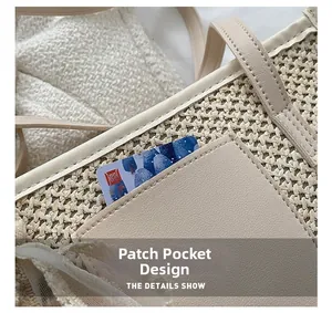 Detail of exterior slip pocket on straw tote bag with synthetic leather trim edge