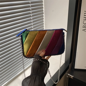 Sac Carré Mini à Rayures Arc-en-ciel Métallisées pour Femmes Luxe Rivets Chaîne Sac à Épaule Mode Multicolore Sac de Fête