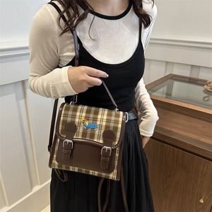 Retro plaid square backpack for women featuring leather trim and puppy embroidery