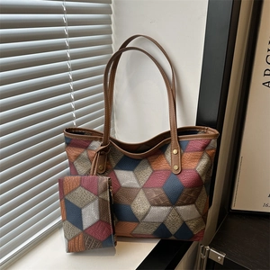 Women Large Capacity Geometric Patchwork Tote Bag PU Leather Shoulder Bag And Pouch Casual Designer Handbag For Commuting