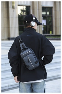 Detail of blue men's chest bag with multiple pockets and professional lettering