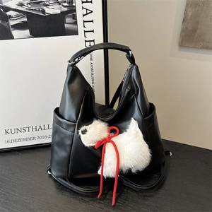 Damen Koreanischer Stil PU-Leder Tote Bag Große Kapazität Schultertasche Mit Süßem Plüsch-Hund-Anhänger Lässige Handtasche