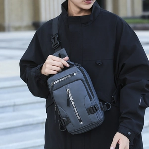 Men's outdoor cross-body chest bag in matte grey-blue with functional pockets