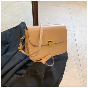 Detail of minimalist leather crossbody bag with elegant golden rectangular clasp closure
