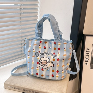 Women Cute Cartoon Print Canvas Bucket Bag Ruffled Handle Striped Crossbody Shoulder Bag Small Casual Handbag Daily Travel
