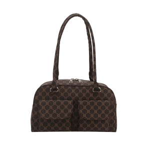 Retro dark brown shoulder bag with monogram canvas and double front flap pockets