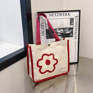 Women Korean Style Floral Print Canvas Tote Bag Simple Minimalist Cute Handbag Portable Casual Lunch Bag Versatile Shoulder Bag